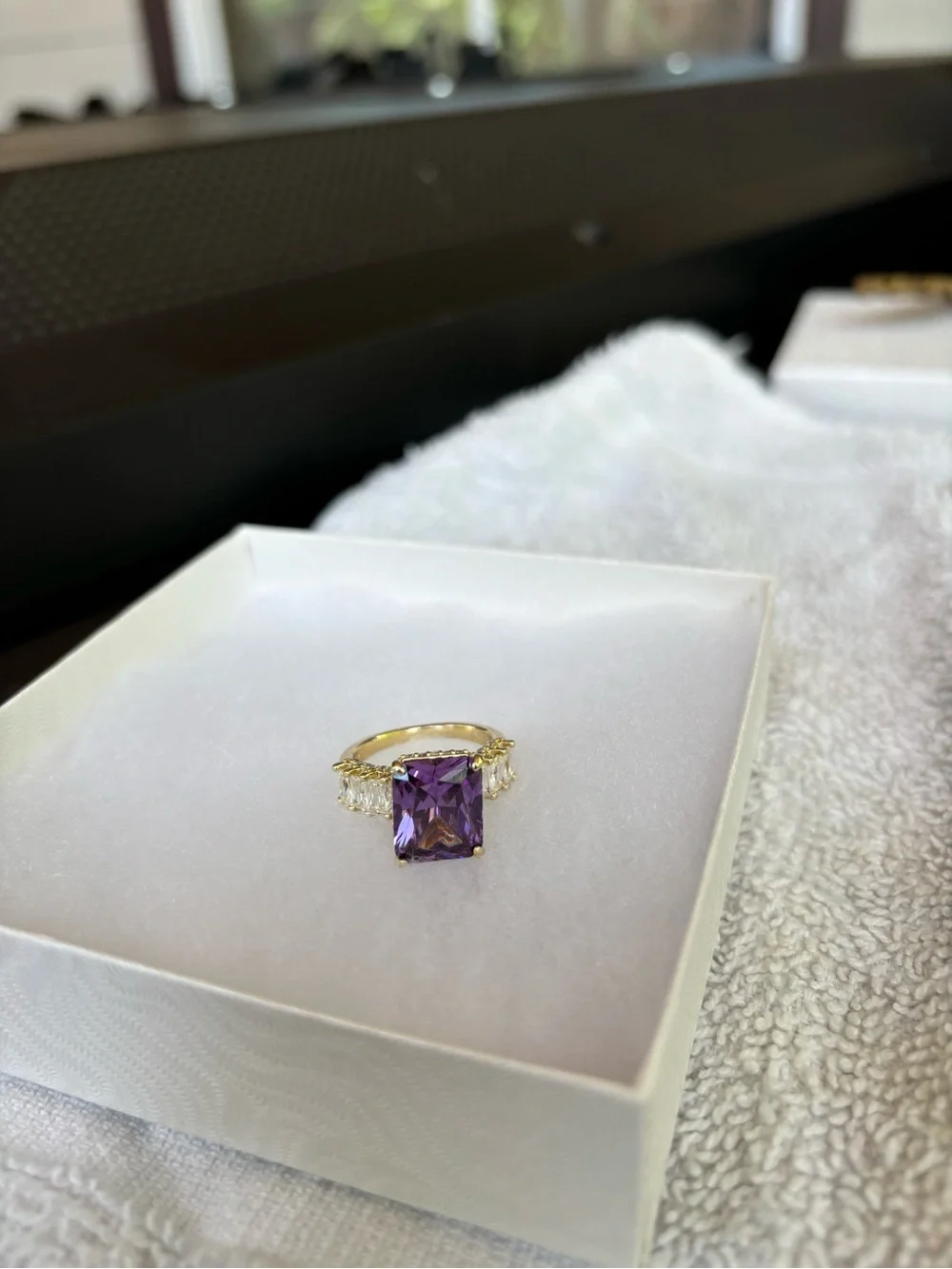 Brazilian Gold Purple Emerald-Cut CZ Statement Ring